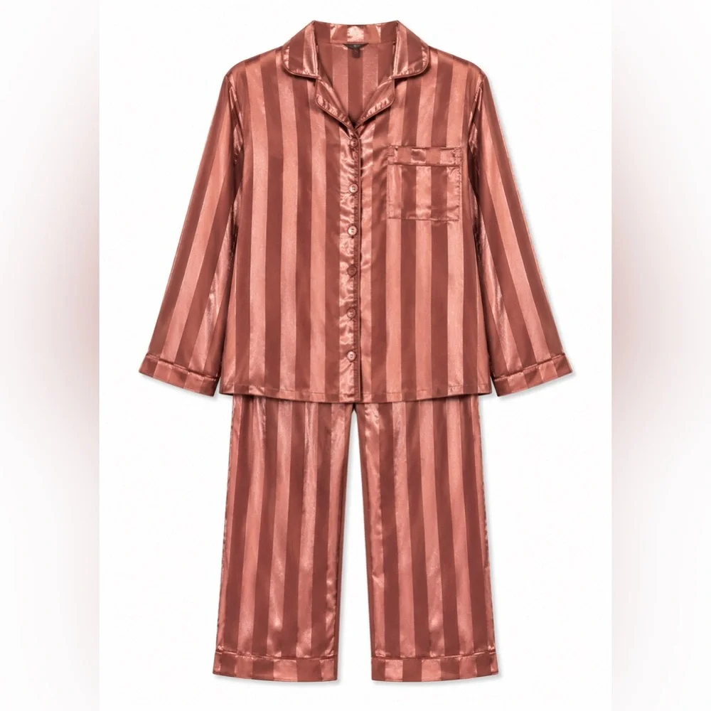 Women’s Satin Stripe Pajama Set - Rose Copper
